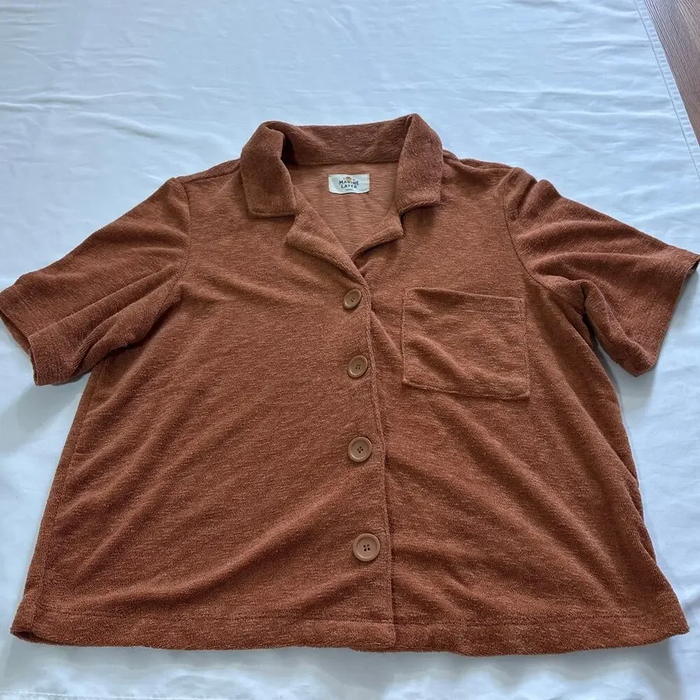Marine Layer S/M Sierra Brown Terry Out Resort Short Sleeve Button Up Camp Shirt